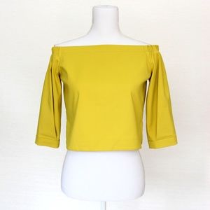 TIBI Off-The-Shoulder Three-Quarter Sleeve Yellow Crop Top